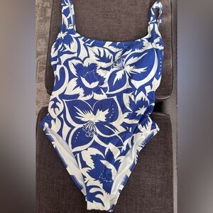 Madewell Blue and White Floral One-Piece Swimsuit